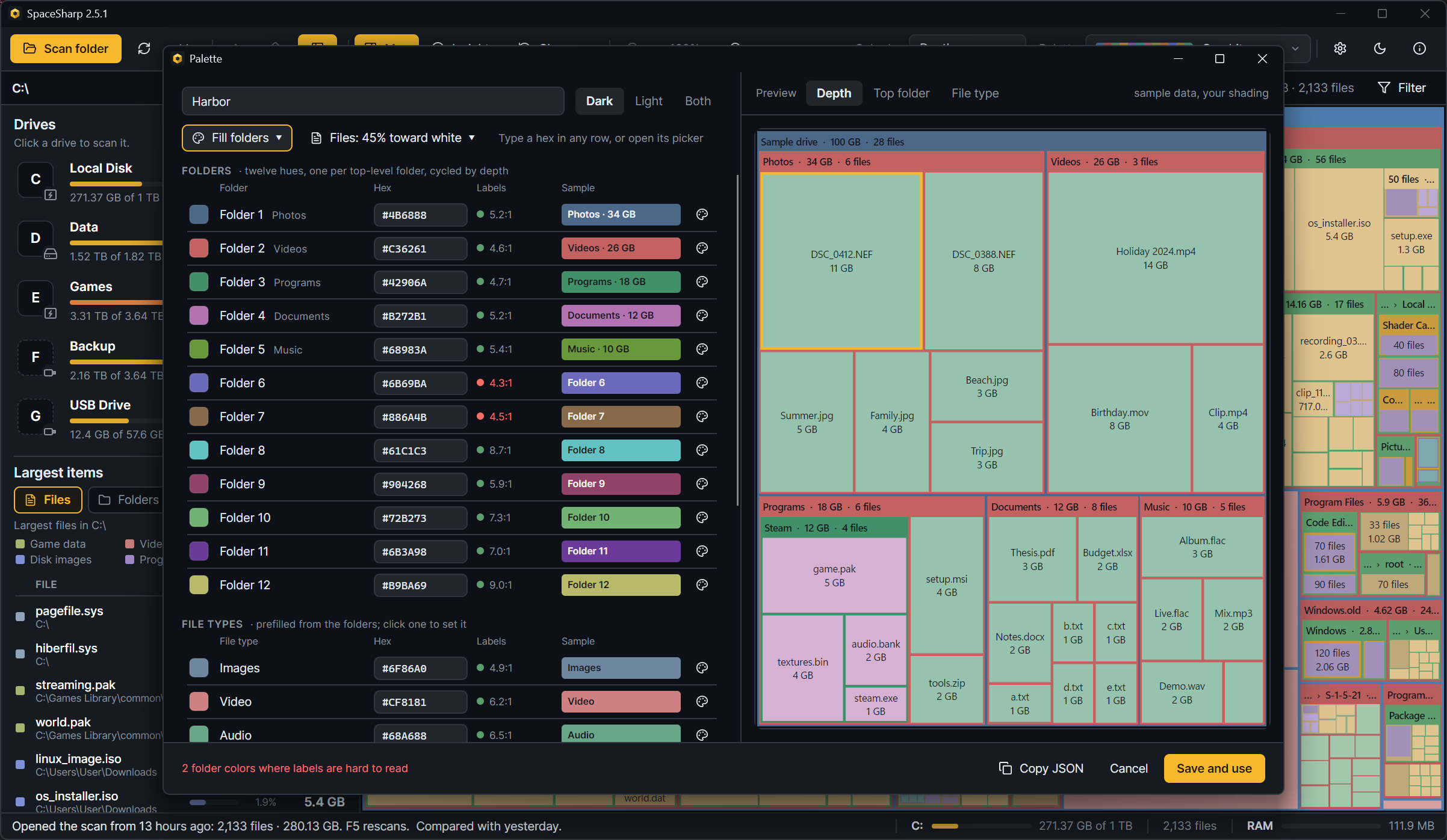 The palette editor: twelve folder colors, the file tint, the type colors and a sample map