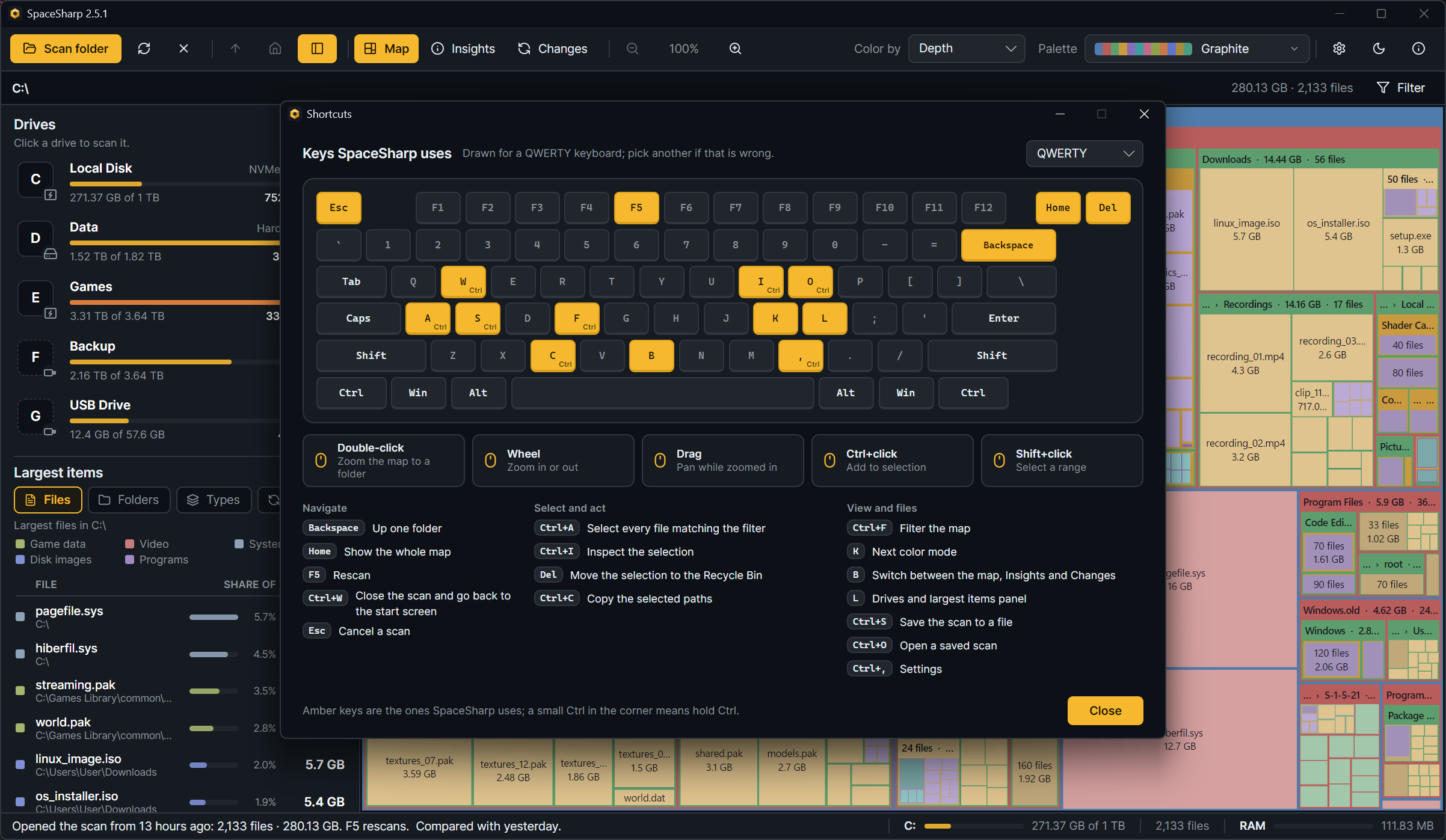 The Shortcuts window with the keys SpaceSharp uses lit on a Nordic keyboard