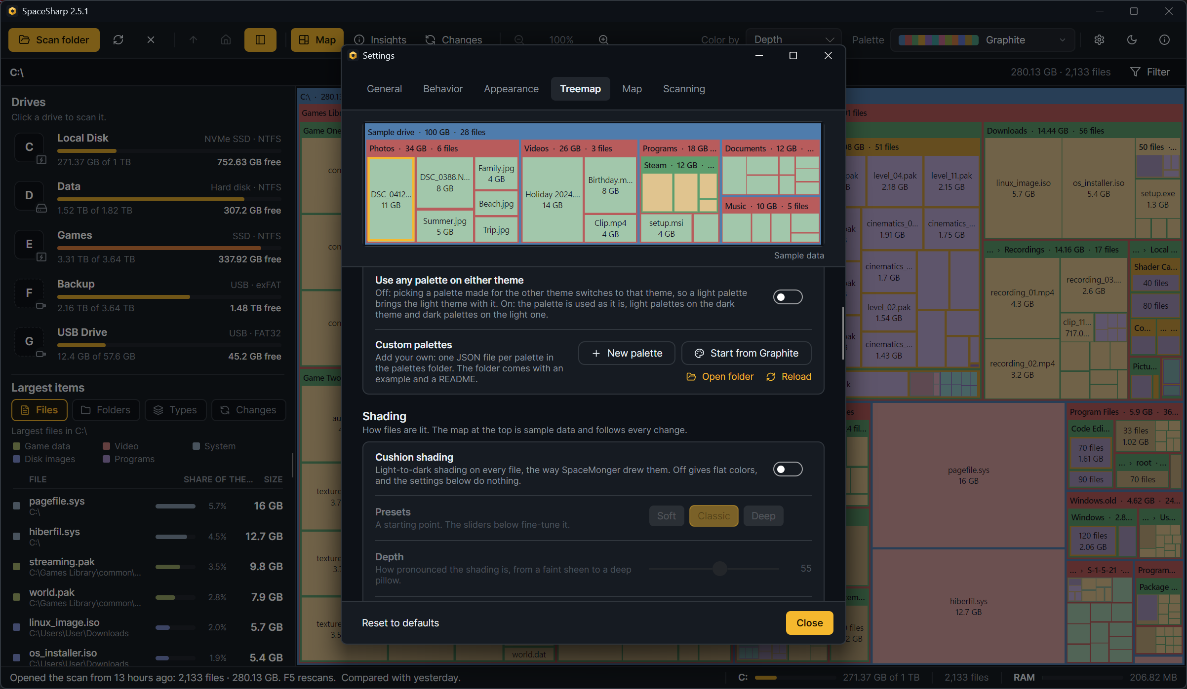 Settings, the Treemap page